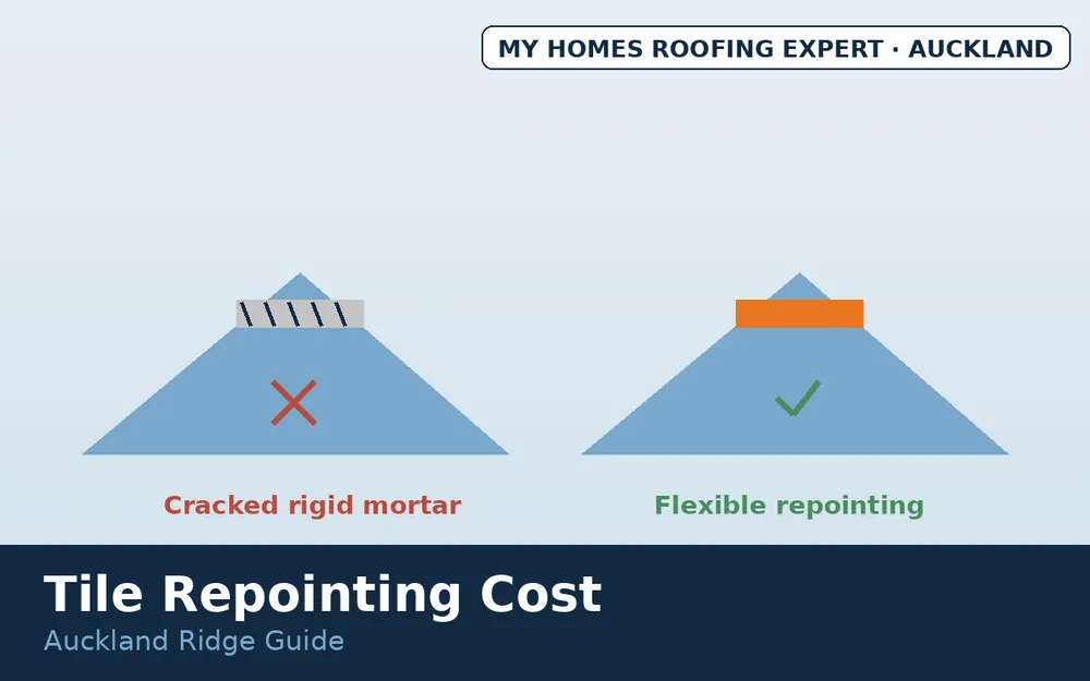 Cracked failed ridge pointing compared with new flexible repointing on Auckland concrete tile roof
