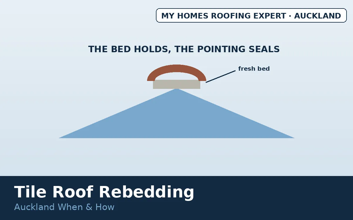 Tile roof rebedding — ridge tile on fresh mortar bed Auckland