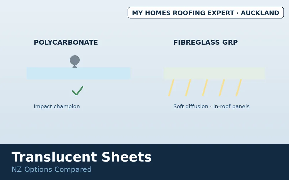 Polycarbonate and fibreglass GRP translucent sheet types compared NZ