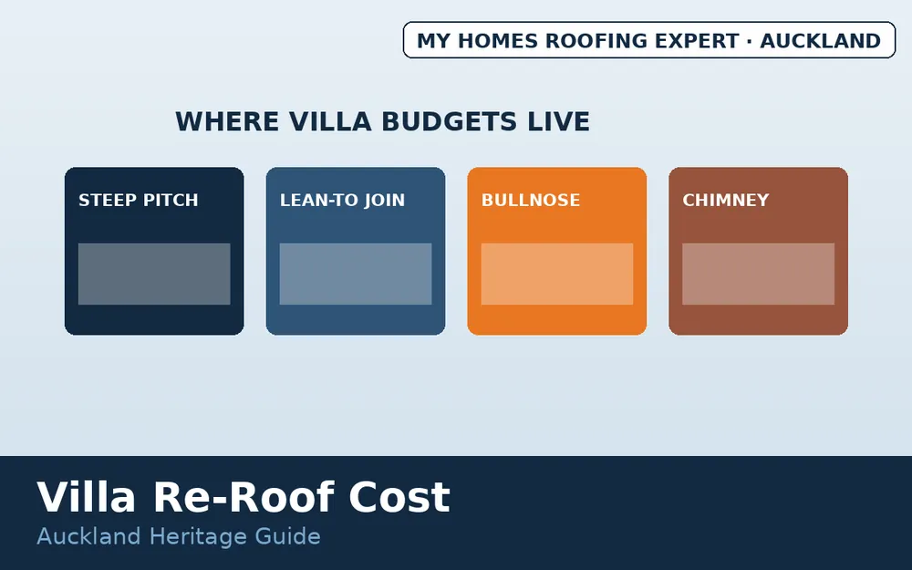Villa roof details — steep pitch, lean-to, bullnose verandah and chimney flashings Auckland