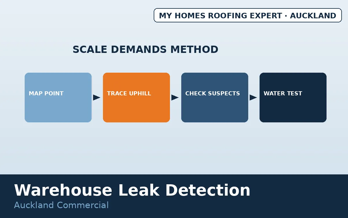 Warehouse roof leak detection Auckland — leak tracing methods on large roof