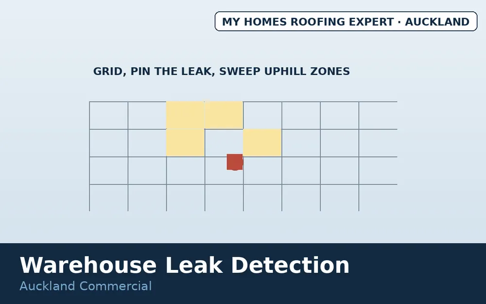 Roof plan grid approach to warehouse leak location Auckland