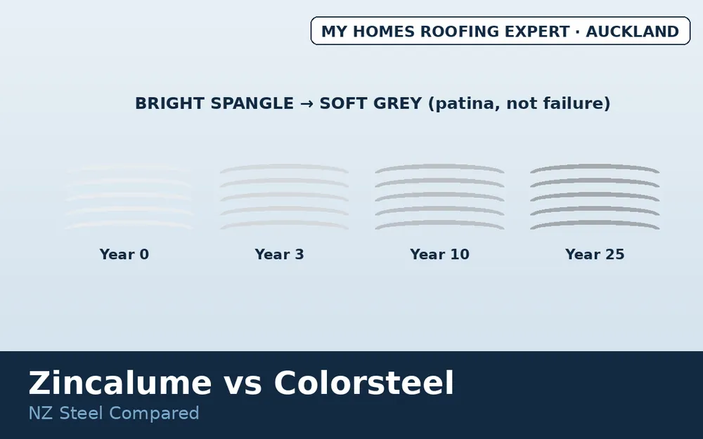 Zincalume weathering timeline from bright spangle to weathered grey NZ
