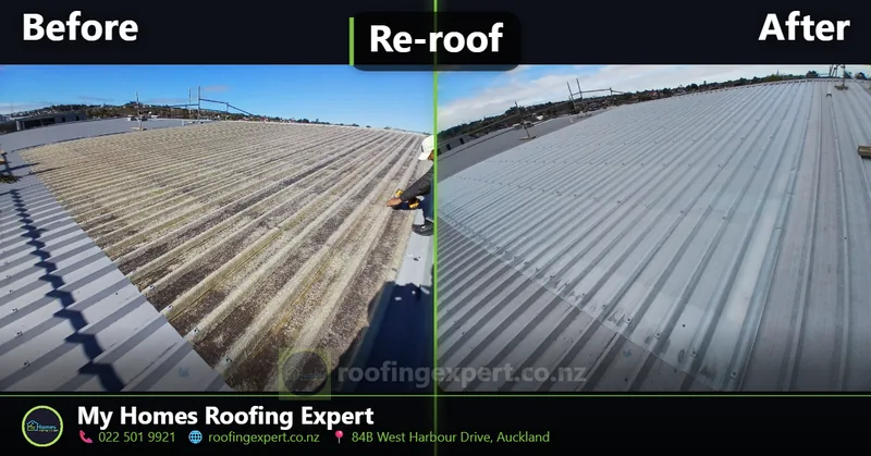 Before and after commercial flat roof moss cleaning and re-roof in West Harbour, Auckland — moss-covered sheeting replaced with new steel by My Homes Roofing Expert