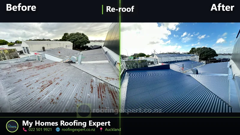 Before and after commercial re-roof in East Tamaki, Auckland — rusted corrugated metal roofing replaced with new steel by My Homes Roofing Expert