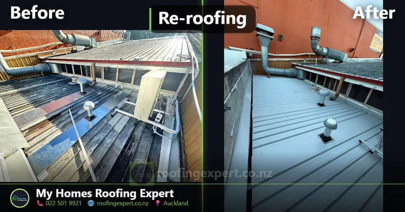 Before and after commercial roof replacement in East Auckland — new sheeting installed with every vent pipe penetration re-flashed by My Homes Roofing Expert