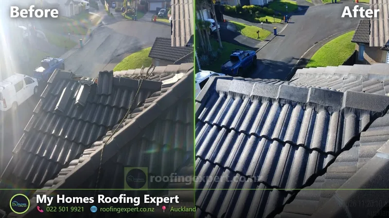 Before and after concrete tile ridge re-bedding and re-pointing in Auckland — cracked ridge mortar replaced with flexible pointing by My Homes Roofing Expert