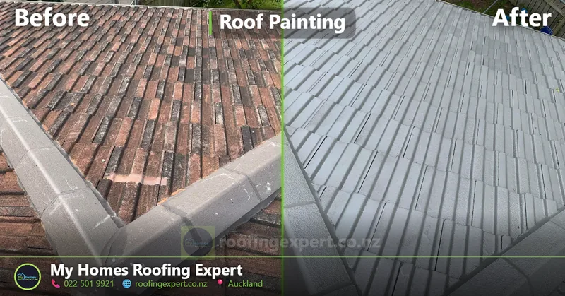 Before and after concrete tile roof colour refresh in Takapuna, Auckland — faded tiles repainted to a uniform modern finish by My Homes Roofing Expert