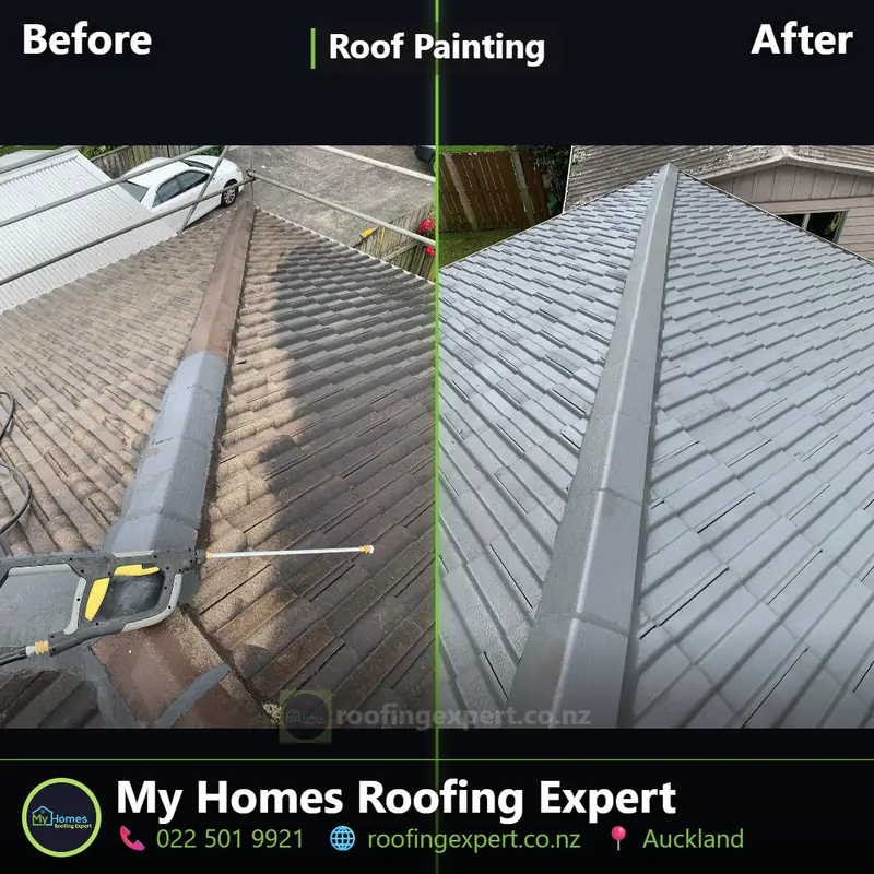 Before and after concrete tile roof painting in Auckland — weathered tiles cleaned, primed and finished with two coats by My Homes Roofing Expert