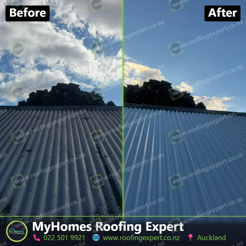 Before and after corrugated iron roof repaint in Henderson, Auckland — rusted iron sheets primed and finished in dark grey by My Homes Roofing Expert