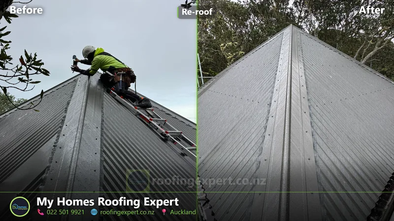 Before and after corrugated steel ridge line installation in Auckland — new steel sheets laid and the ridge capped and fixed by My Homes Roofing Expert