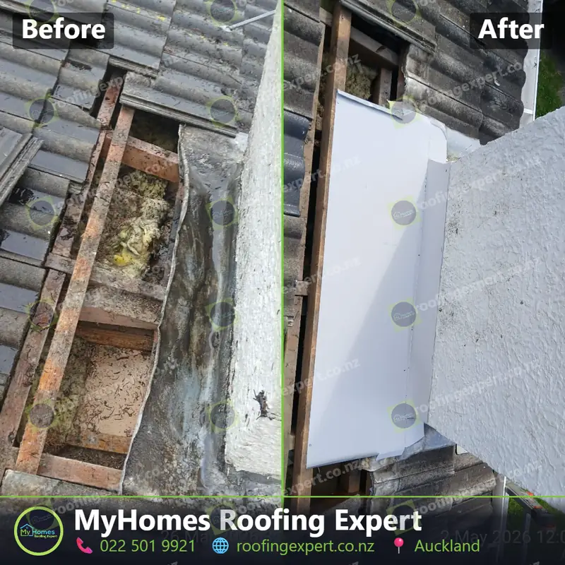 Before and after chimney flashing replacement in Ponsonby, Auckland — failed flashing around a fireplace stack replaced and sealed by My Homes Roofing Expert