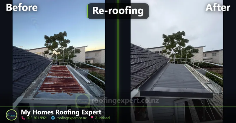 Before and after flat-section re-roof in Henderson, Auckland — rusted low-pitch metal roofing replaced with new roofing by My Homes Roofing Expert
