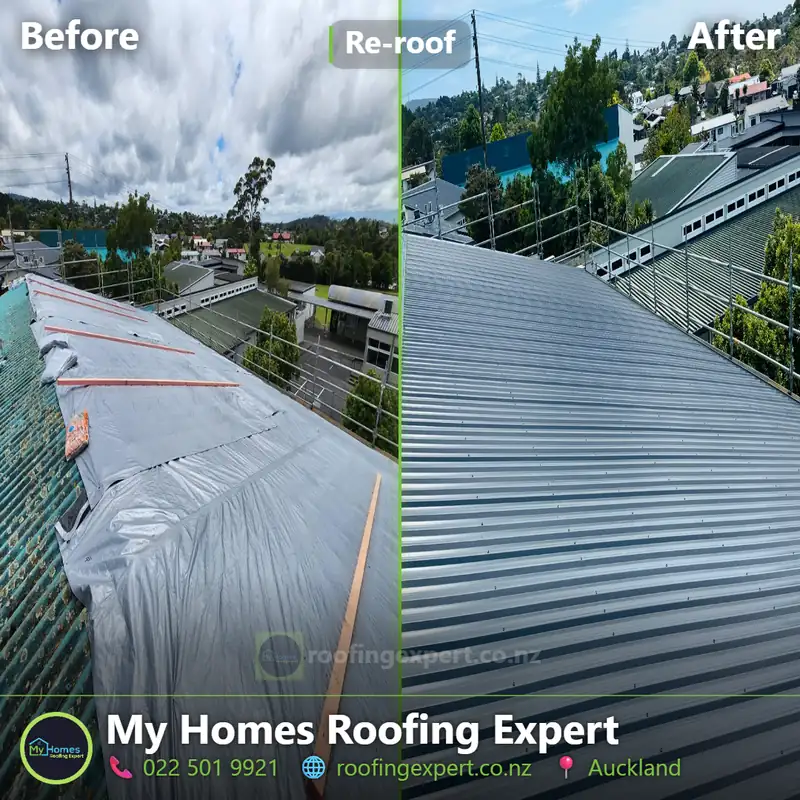 Before and after full re-roof in Epsom, Auckland — old concrete tiles removed and replaced with new corrugated steel roofing by My Homes Roofing Expert