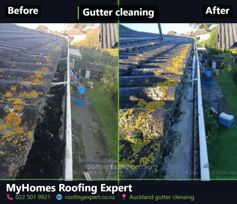 Before and after gutter cleaning in Auckland — spouting packed with moss and silt cleared and flushed by My Homes Roofing Expert