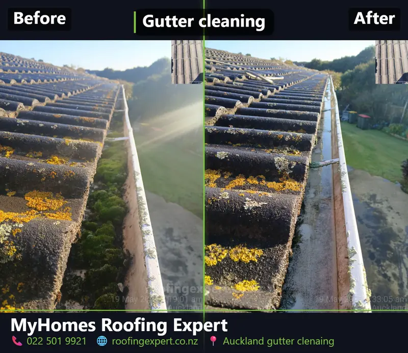 Before and after full-length gutter clean and flush in Auckland — silt-filled spouting cleared end to end by My Homes Roofing Expert