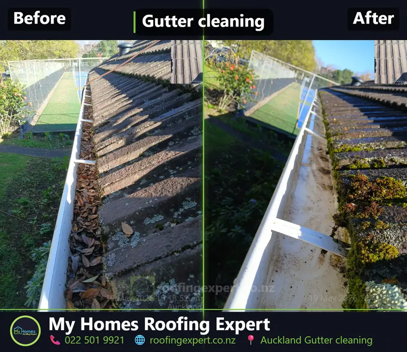 Before and after spouting clean in Auckland — heavy leaf build-up under overhanging trees removed by My Homes Roofing Expert