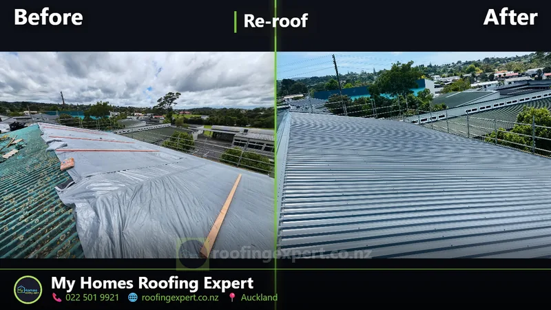 Before and after large residential re-roof in Albany, Auckland — roof stripped to framing and re-sheeted in new corrugated steel by My Homes Roofing Expert