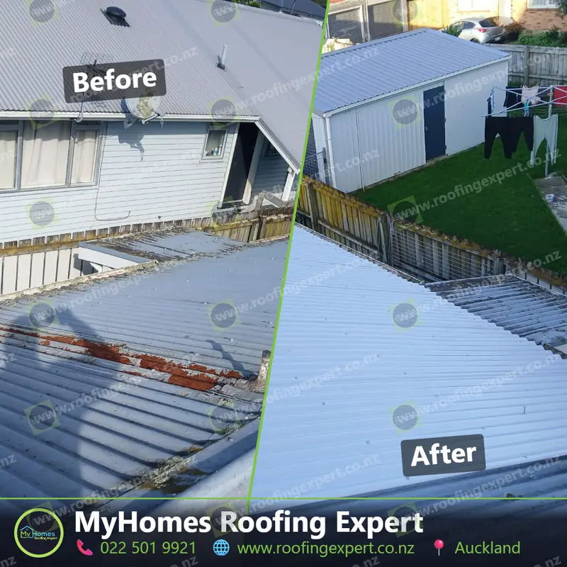 Before and after metal roof repair in Auckland — a damaged corroded roof section cut out and replaced with matching profile by My Homes Roofing Expert