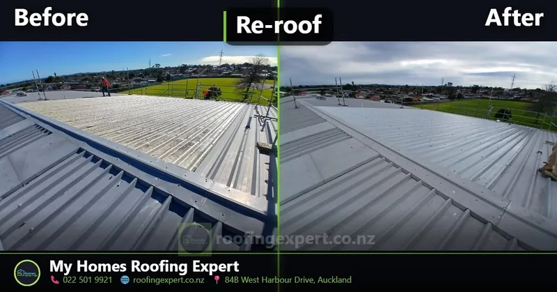Before and after clearlight polycarbonate roof replacement in West Harbour, Auckland — yellowed cracked panels replaced with new clear sheeting by My Homes Roofing Expert