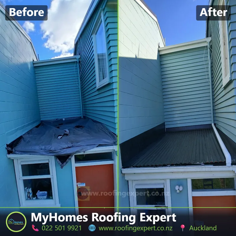 Before and after porch roof replacement in Auckland — a leaking flat porch roof replaced with metal roofing and re-flashed by My Homes Roofing Expert