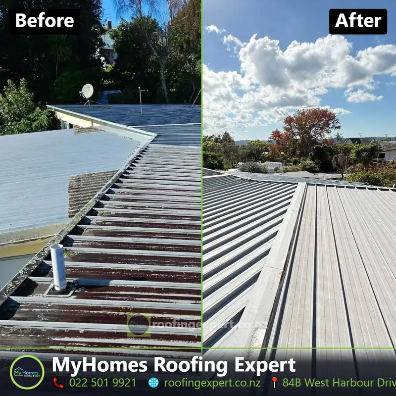 Before and after roof cleaning on Rangatira Road, Beach Haven, Auckland — grime and algae staining washed back to a clean roof by My Homes Roofing Expert