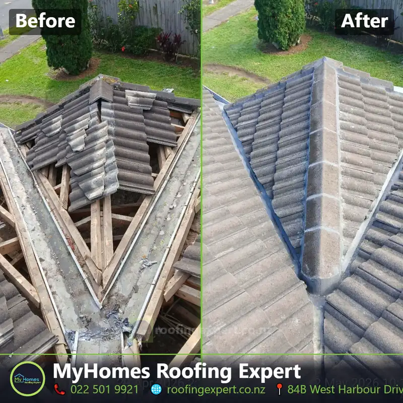 Before and after roof valley leak restoration in Auckland — corroded valley iron stripped out and replaced with new valley by My Homes Roofing Expert