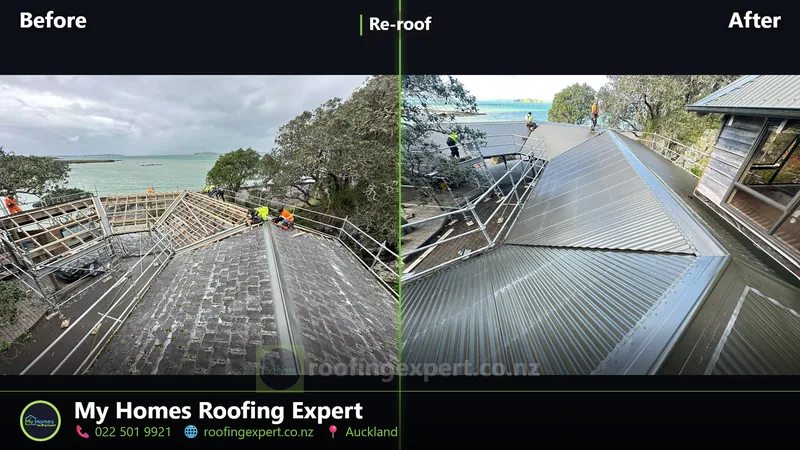 Before and after school roof replacement in Auckland — aging roofing replaced with new sheeting across the building by My Homes Roofing Expert