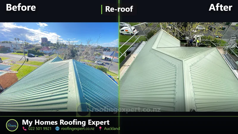 Before and after suburban home re-roof in Auckland — old corrugated iron replaced with a new steel hip roof by My Homes Roofing Expert