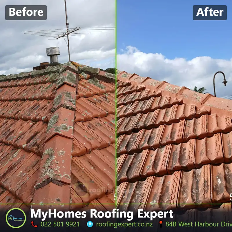 Before and after terracotta tile roof repaint in West Harbour, Auckland — moss-covered faded tiles restored to a clean terracotta finish by My Homes Roofing Expert