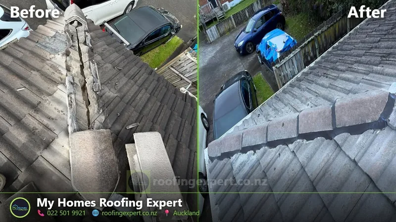 Before and after storm damage tile roof repair in Howick, Auckland — cracked and displaced tiles replaced and the ridge re-bedded by My Homes Roofing Expert