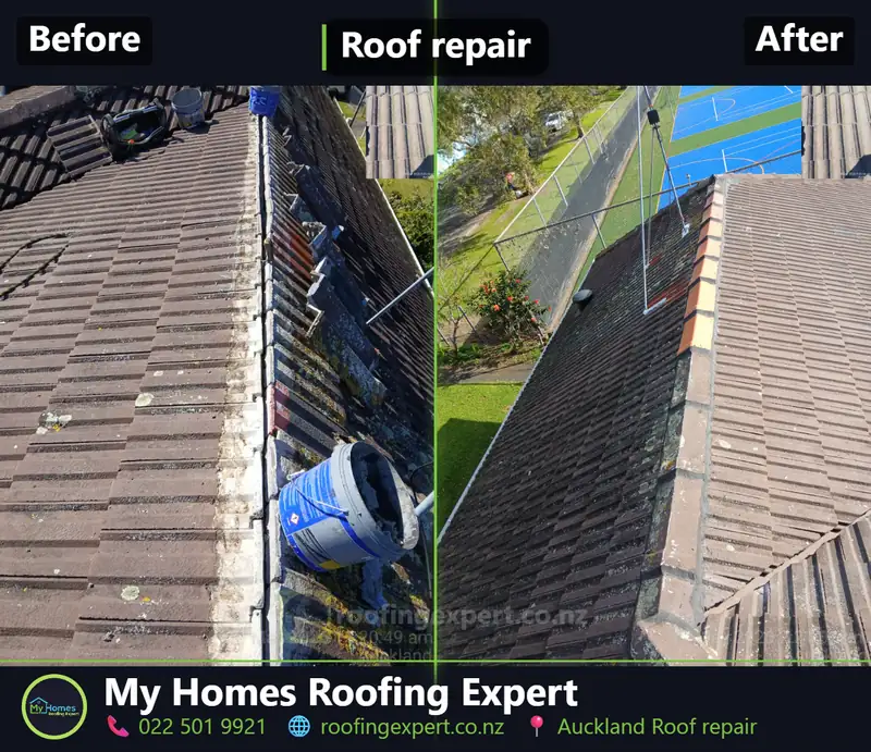 Before and after tile roof valley repair in Auckland — a debris-packed corroded valley cleared, repaired and re-tiled by My Homes Roofing Expert