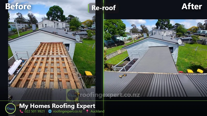 Before and after waterfront house re-roof in Auckland — failing shingle roof replaced with long-run steel for coastal exposure by My Homes Roofing Expert
