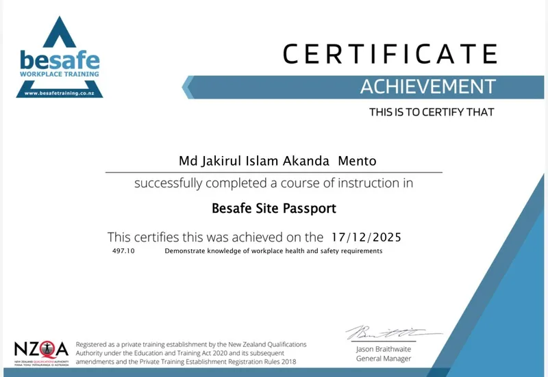 Besafe Site Passport — Md Jakirul Islam Akanda Mento — Issued 17 Dec 2025 Md Jakirul Islam Akanda Mento — Besafe Site Passport Certificate, NZQA Registered, 17 December 2025