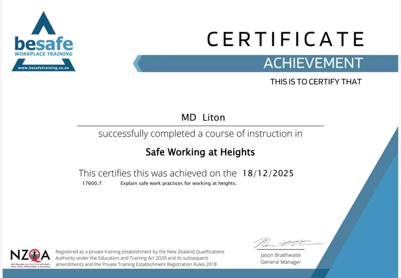 Safe Working at Heights — MD Liton — Issued 18 Dec 2025 MD Liton — Safe Working at Heights Certificate, Besafe Workplace Training NZ, 18 December 2025