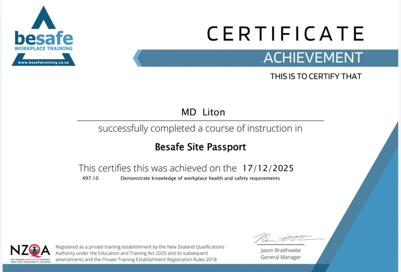 Besafe Site Passport — MD Liton — Issued 17 Dec 2025 MD Liton — Besafe Site Passport Certificate, NZQA Registered, 17 December 2025