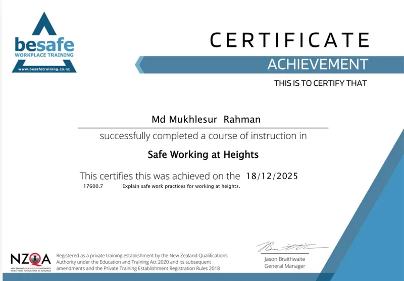 Safe Working at Heights — Md Mukhlesur Rahman — Issued 18 Dec 2025 Md Mukhlesur Rahman — Safe Working at Heights Certificate, Besafe Workplace Training NZ, 18 December 2025