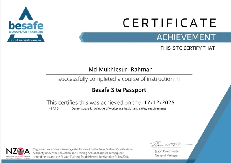 Besafe Site Passport — Md Mukhlesur Rahman — Issued 17 Dec 2025 Md Mukhlesur Rahman — Besafe Site Passport Certificate, NZQA Registered, 17 December 2025