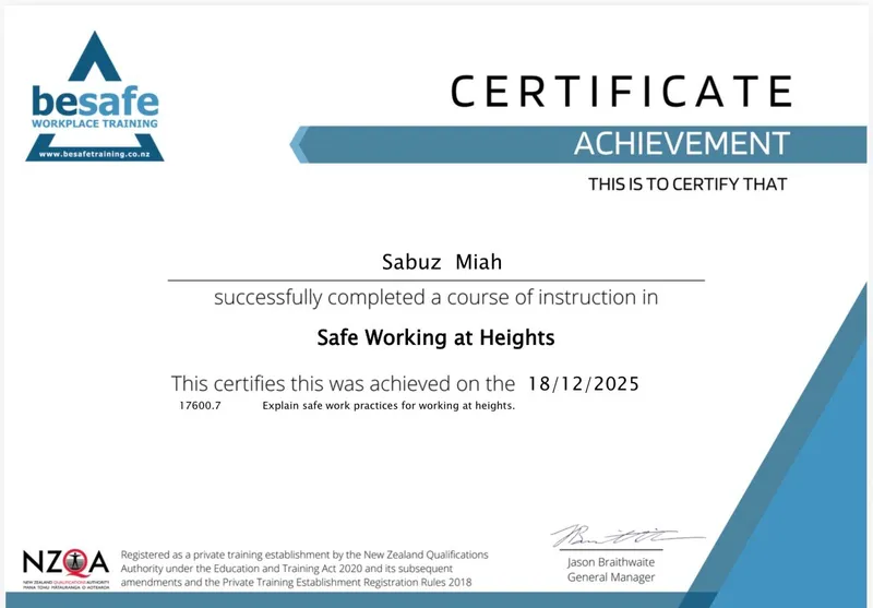 Safe Working at Heights — Sabuz Miah — Issued 18 Dec 2025 Sabuz Miah — Safe Working at Heights Certificate, Besafe Workplace Training NZ, 18 December 2025