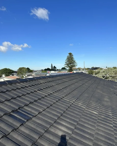 High-pressure roof wash clearing moss and algae from a residential roof